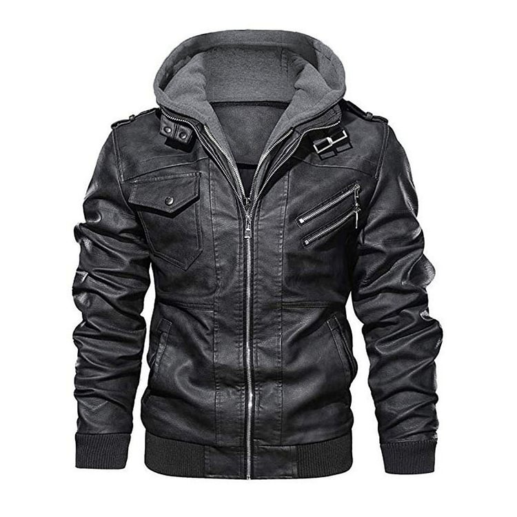 Standard Hooded Plain Zipper Men's Leather Jacket