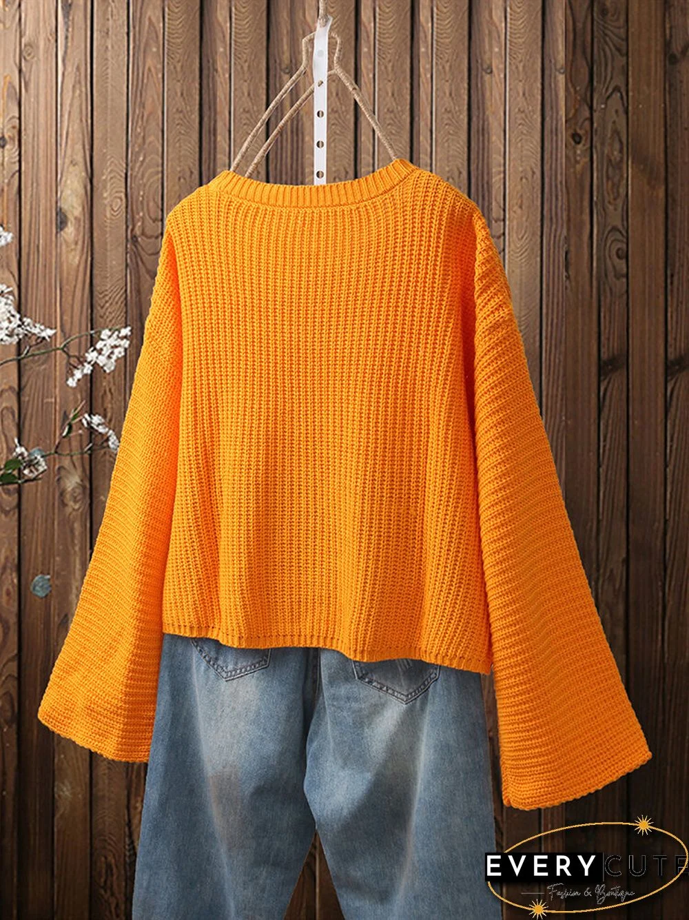 Solid Color O-neck Flare Sleeves Casual Sweater