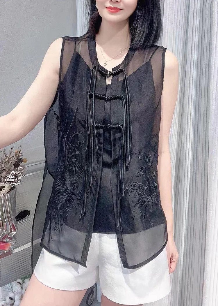Vogue Black O-Neck Embroideried Button Silk Waistcoat Summer