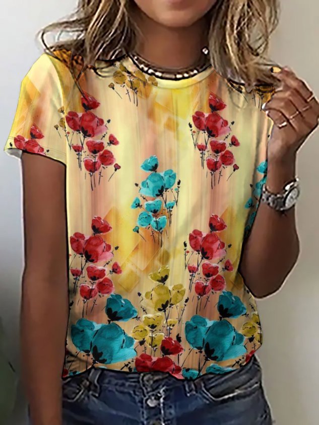 Casual Abstract Floral Print Crew Neck T-Shirt