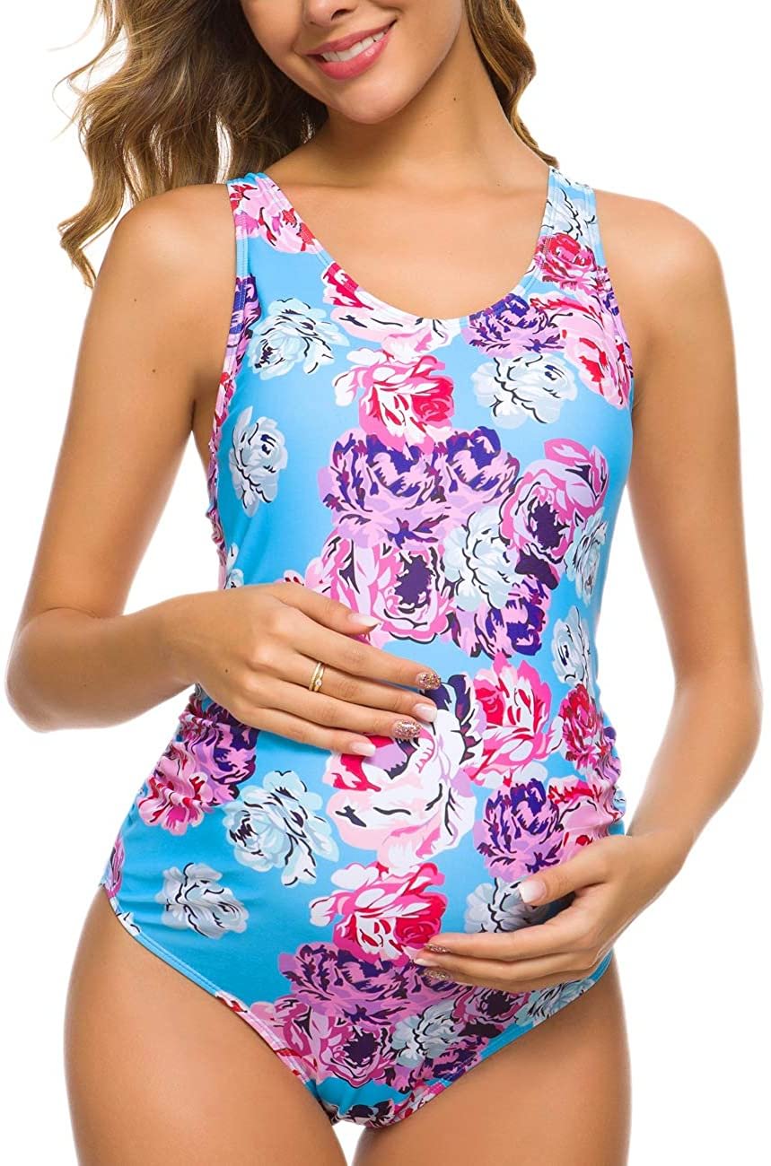 Women One Piece Letters Printed Maternity Swimsuit Backless Tankini Sun's Out Bump's Out Monokini