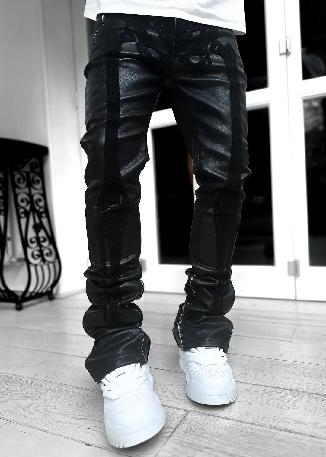 All Black Skeleton Blood Diamond Leather Pant