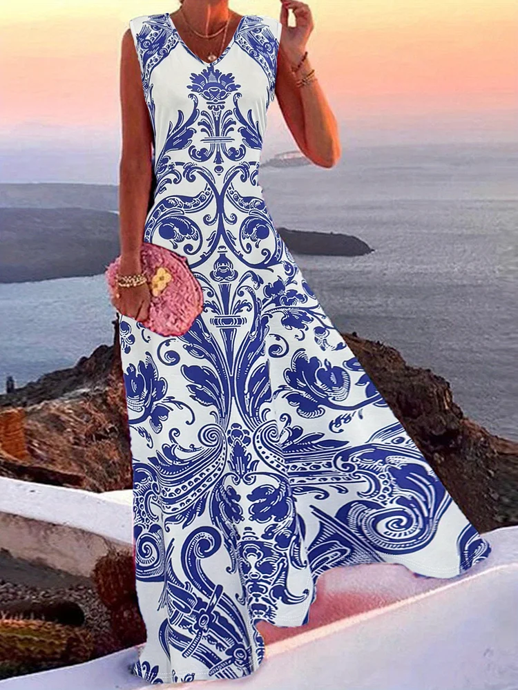 Fashionable Retro Ethnic Style Printed Vest Dress