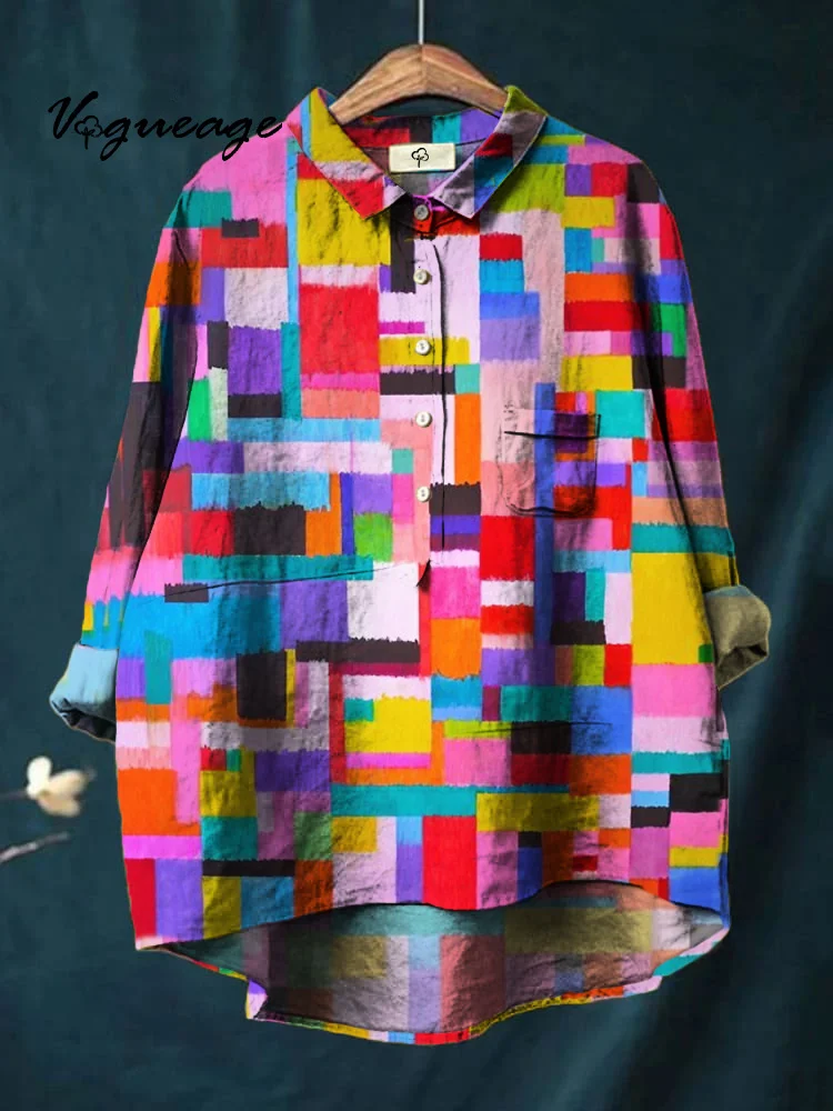 Beautiful Colorful Square Lines Stitching Printed Cotton And Linen Shirt