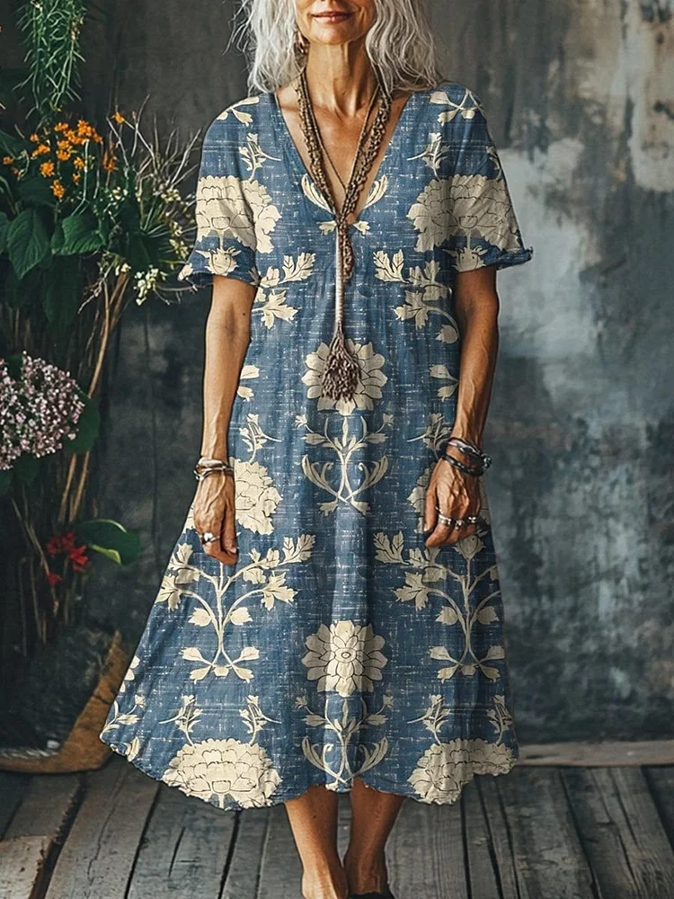 Women's Vintage Lovely Floral Art Print Pocket Cotton Dress