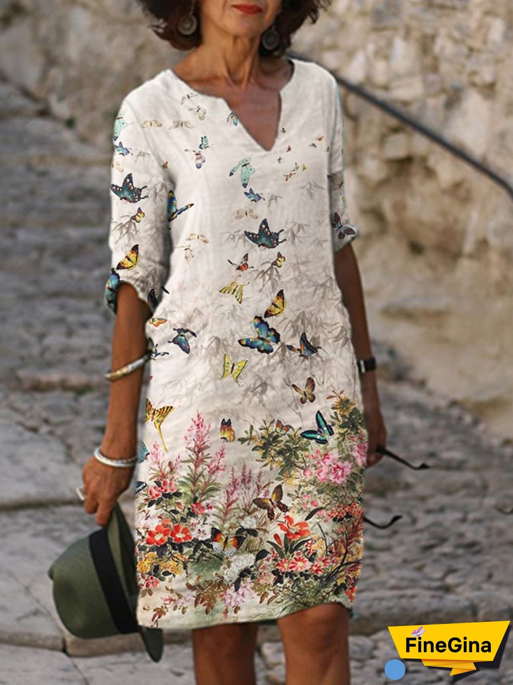 Women's Cotton Linen Painting Printed V-neck Straight Dress