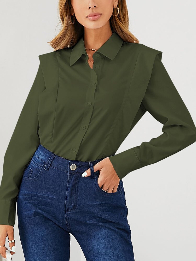 Solid Color Lapel Long Sleeve Button Blouse For Women P1811990