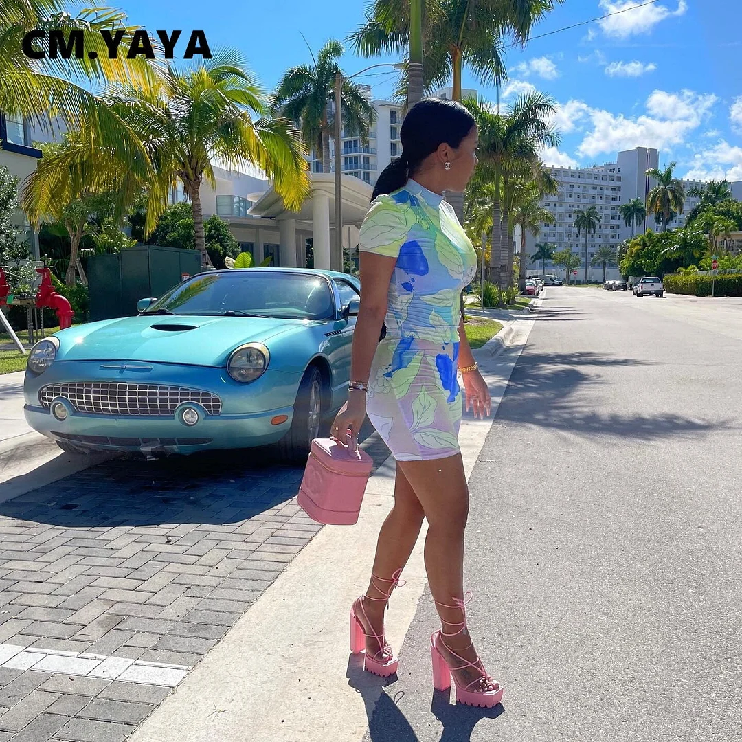 CM.YAYA Active Leaf Print Women Two 2 Piece Set Outfits for 2022 Summer Short Sleeve T-shirt and Shorts Matching Set Tracksuit