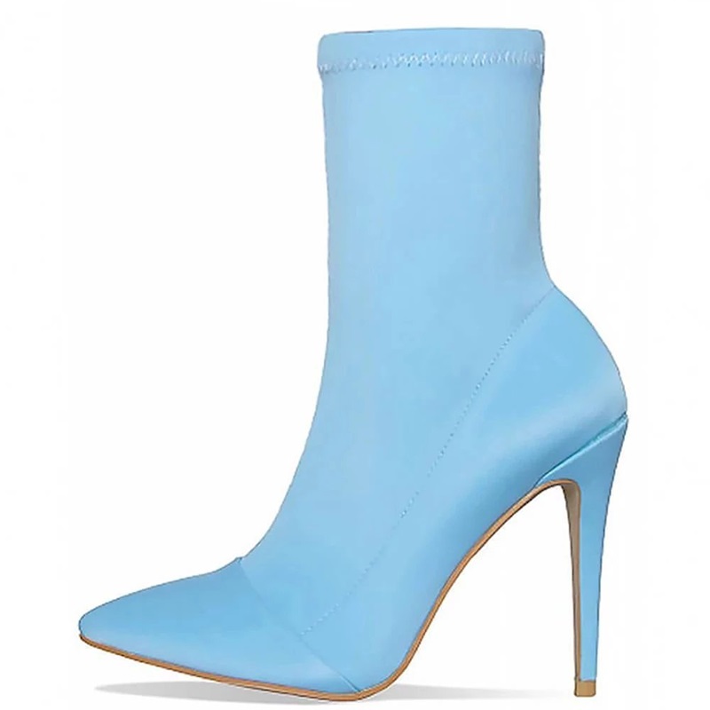 Light Blue Lycra Pointed Toe Mid Calf Sock Boots with Stiletto Heels