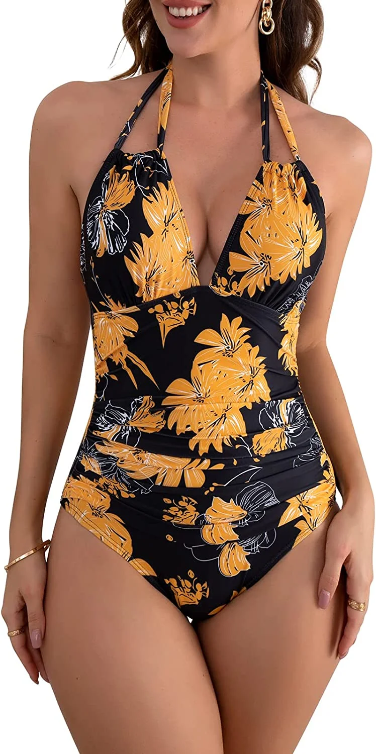 V Neck One Piece Tummy Control Swimsuits