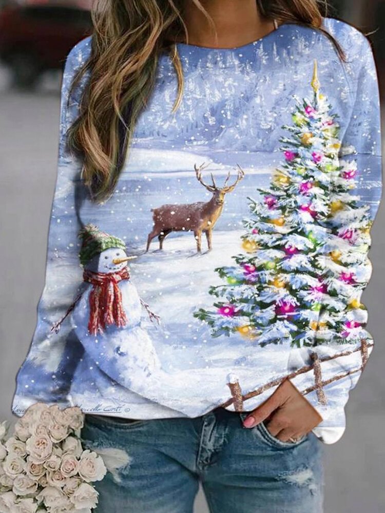 Landscape Prints Christmas Print Long Sleeves O-neck Sweatshirt For Women