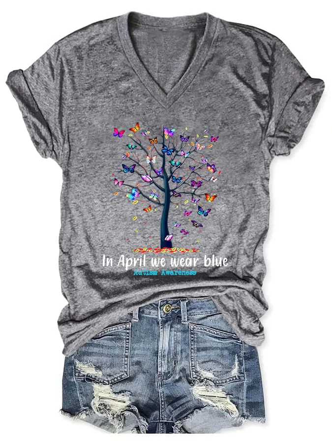V-neck Butterfly Tree Autism Awareness In April We Wear Blue Print T-Shirt