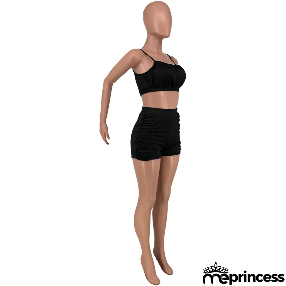 Sexy Solid Ruched Cami Top And Shorts 2 Piece Sets