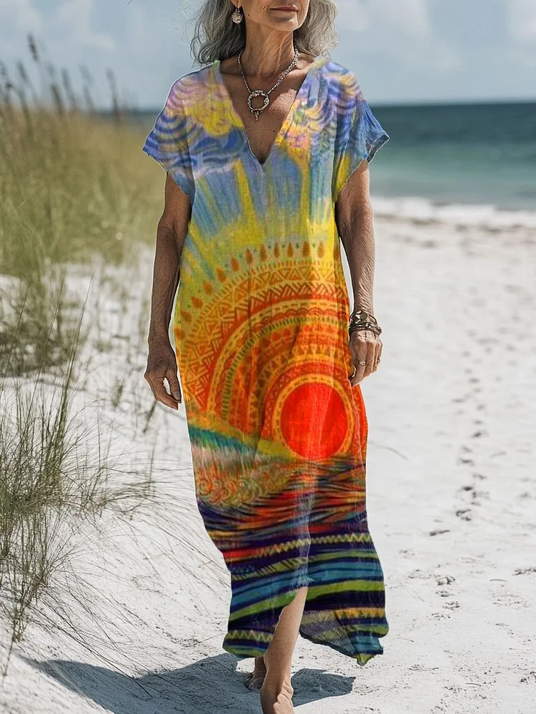 Women's Vintage  Art Print Pocket Cotton Dress