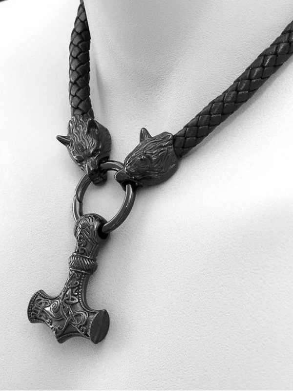 Vintage Viking Wolf Head Hammer Amulet Pendant Necklace
