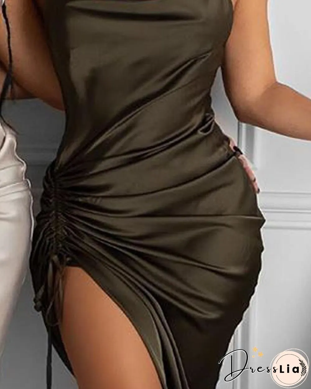 Ruched Drawstring Satin Bodycon Dress P14453