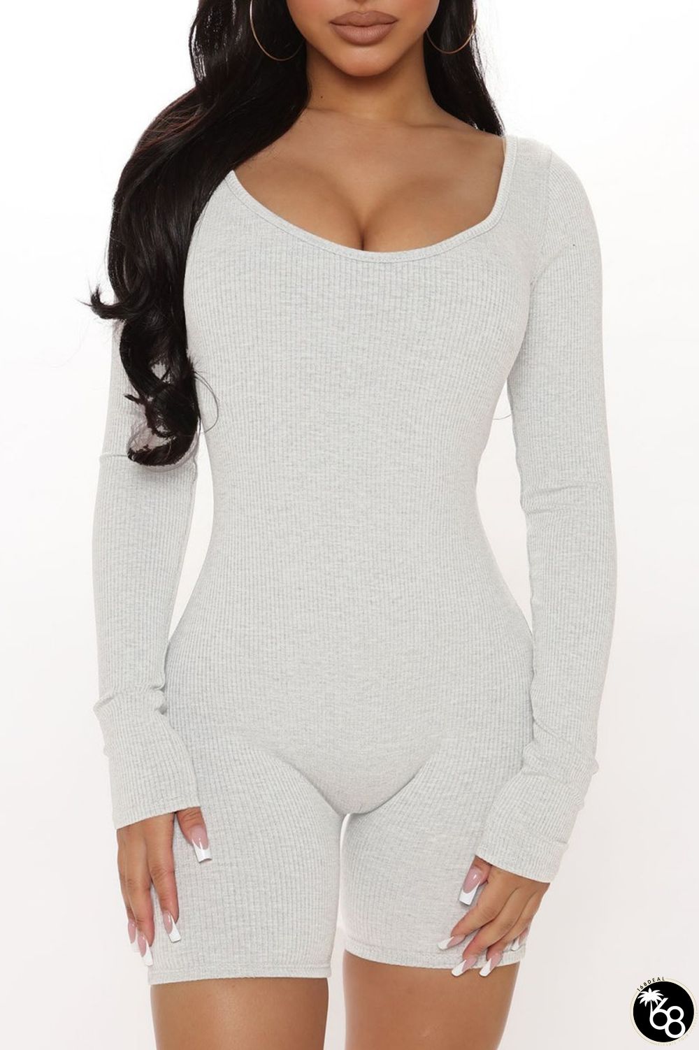 White Casual Solid Basic U Neck Long Sleeve Skinny Romper | 168DEAL