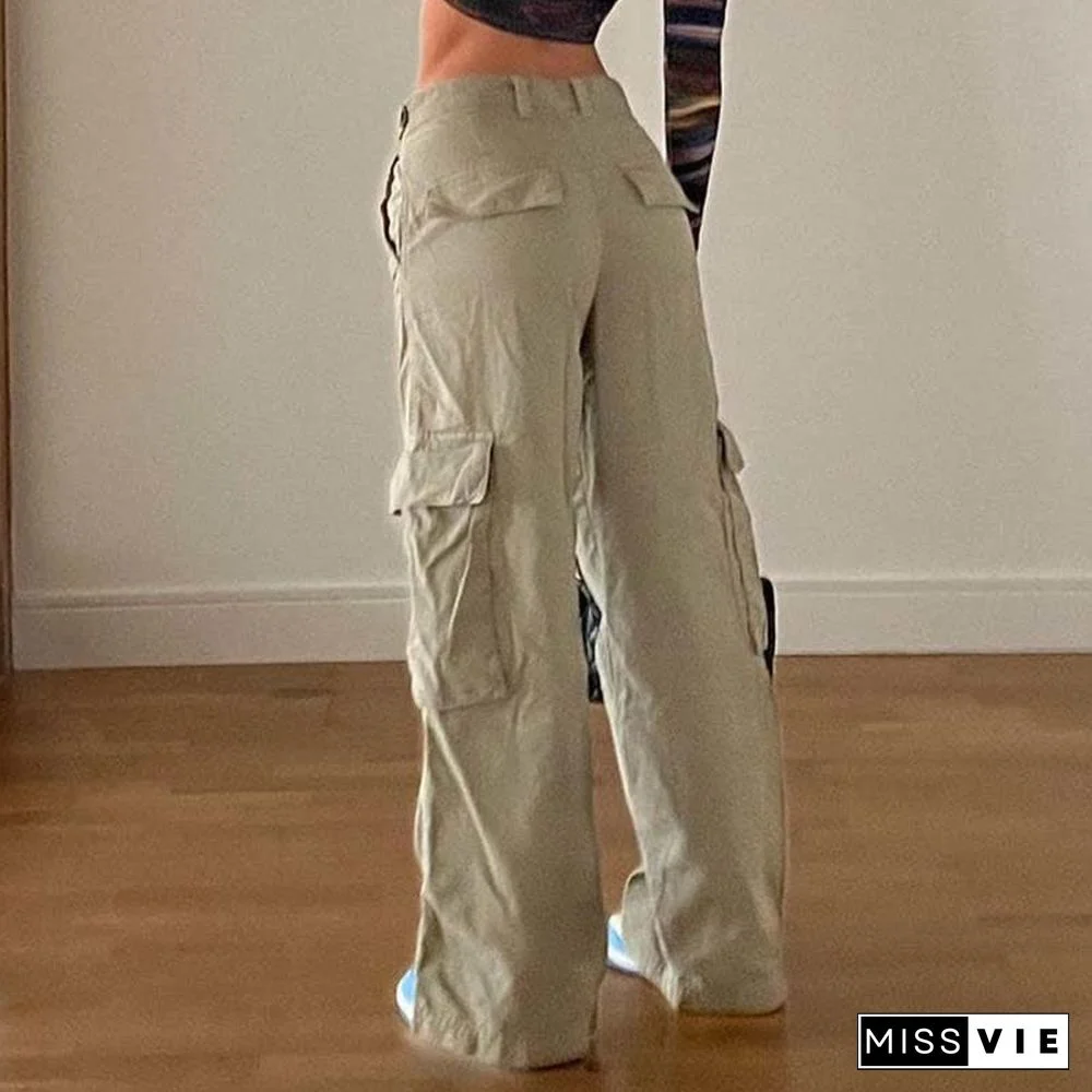 Vintage Pure Color Multi Pocket Cargo Denim Pants