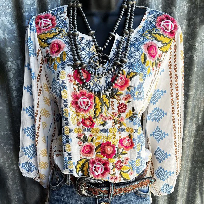 Fashion flower embroidery western casual graphic tees