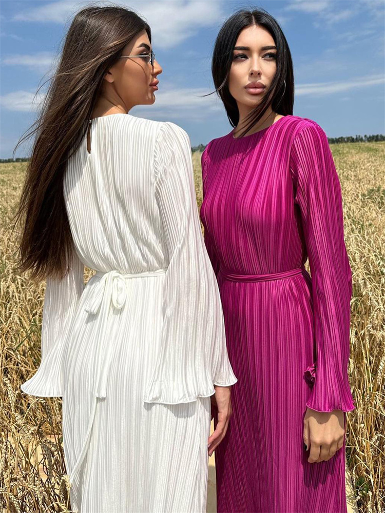 Ootddress Ruffled Lace-Up Ribbed Maxi Dress For Women Long Sleeve Fashion High Waist Elegant Party Dress Autumn Bandage Ladies Dress