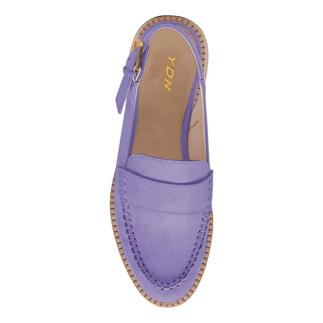 Purple Round Toe Buckled Slingback Flat Loafer Shoes for Women