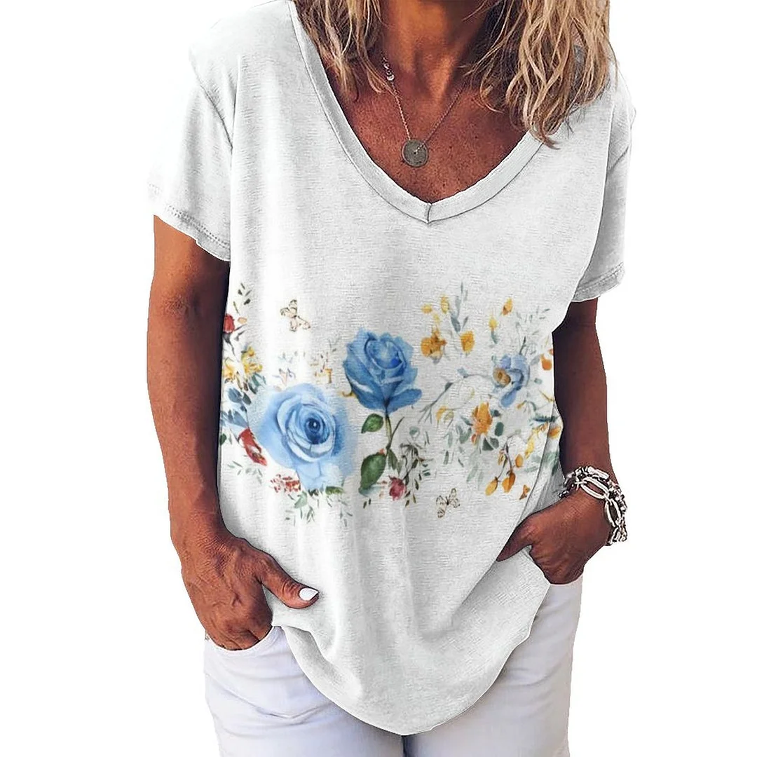 V-neck Short Sleeve Casual T-shirt for  Women Printed with Pattern Floral, Blue, Colorful