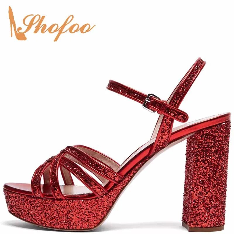 TAAFO Silver Glitter Ankle Wrap Sequin Platform Sandals Woman High Chunky Heels Buckle Strap Ladies Party Shoes 