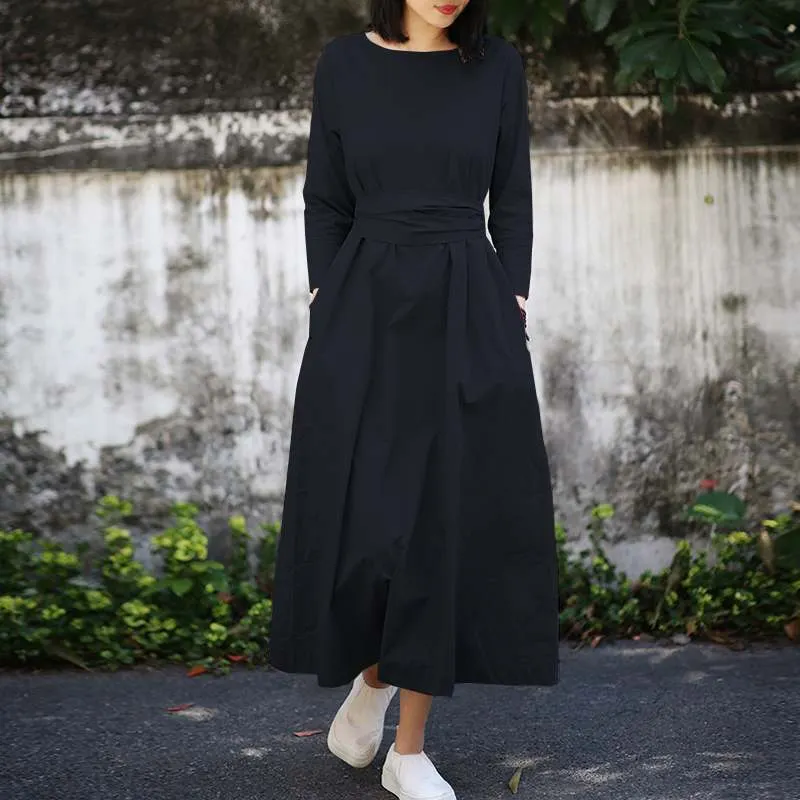 2022 ZANZEA Women Elegant Spring Long Sleeve Lace Up Sundress Vintage OL Work Vestidos Solid Kaftan Dress Robe Femme Oversize