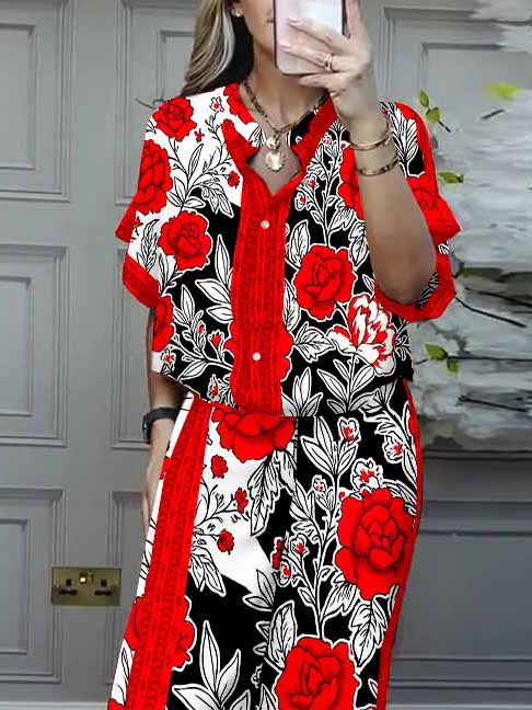 Women Floral,Red,Black DZDL1182 V-neck Short Sleeve Blouse and Pants Set