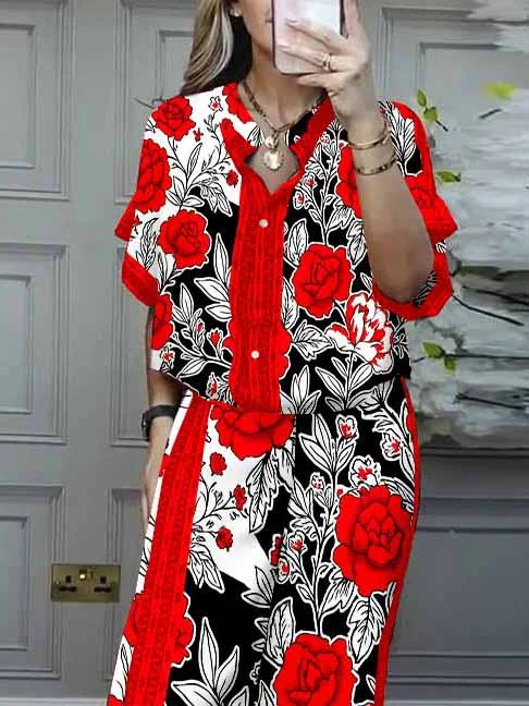 Women Floral,Red,Black DZDL1182 V-neck Short Sleeve Blouse and Pants Set