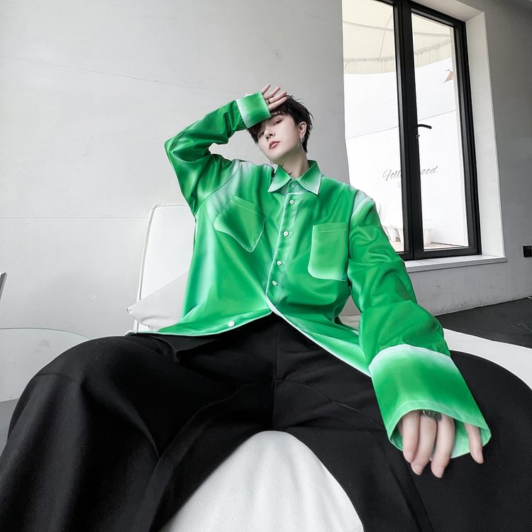 Dawfashion-Solid Color Digital Bleach Technology Loose Long -sleeved Shirt-Yamamoto Diablo Clothing