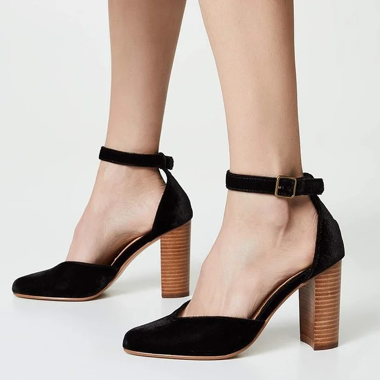 Women's Velvet Closed Toe Ankle Strap Heels in Black FSJ Shoes