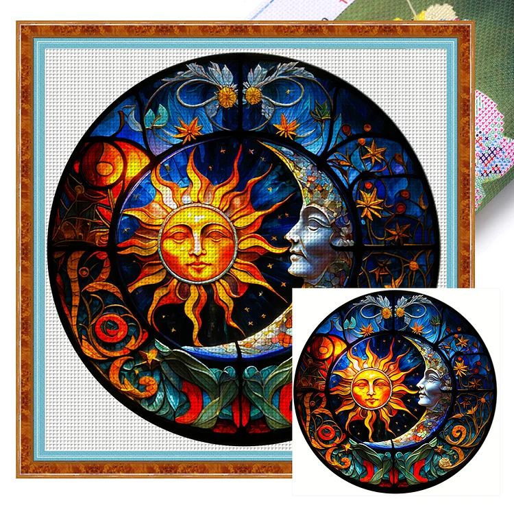 【Huacan Brand】Glass Art - Sun And Moon 18CT Stamped Cross Stitch 40*40CM