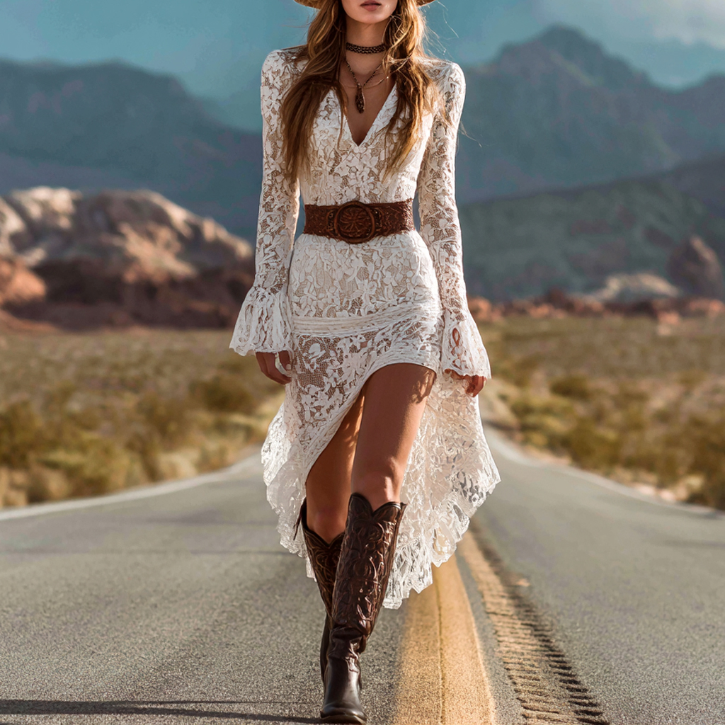 Women's Retro Western Cowboy Style Ruffle Skirt Dress Midi Dress