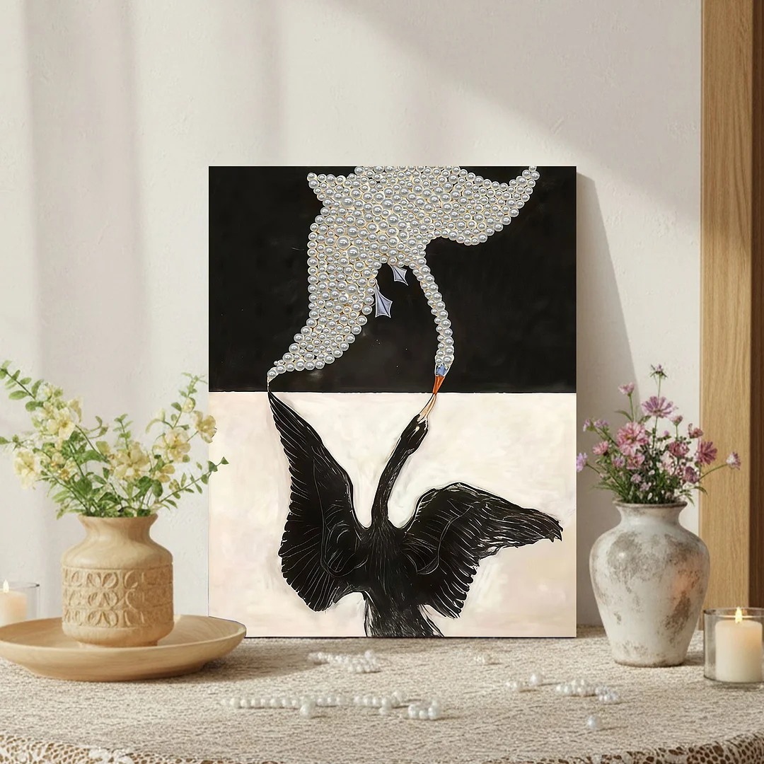 Black And White Swans - DIY Pearl Diamond Art Kit With Frame 30*40cm