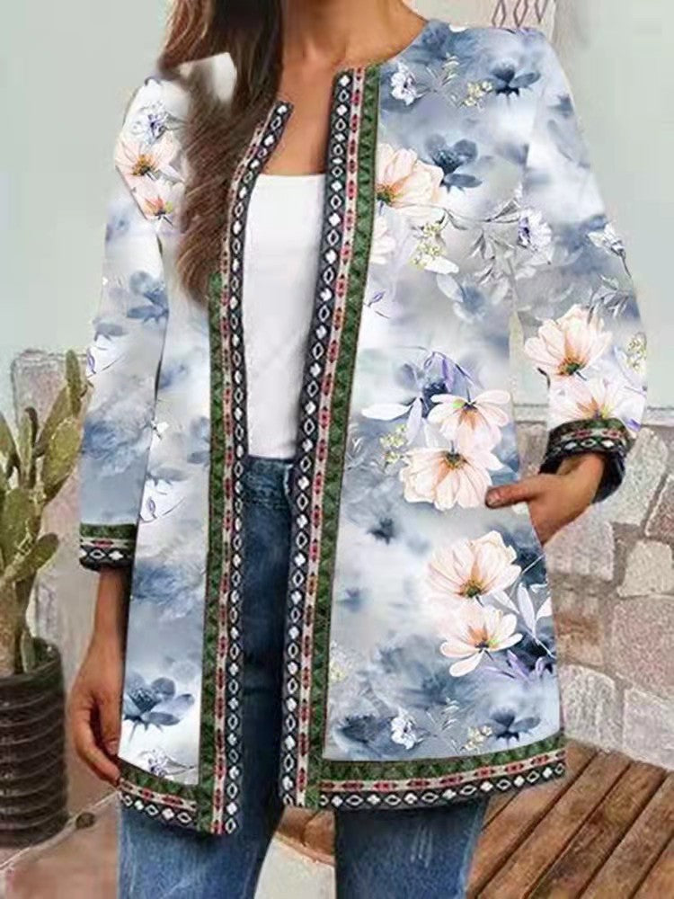 Women Long Sleeve V-neck Graphic Floral Printed Top