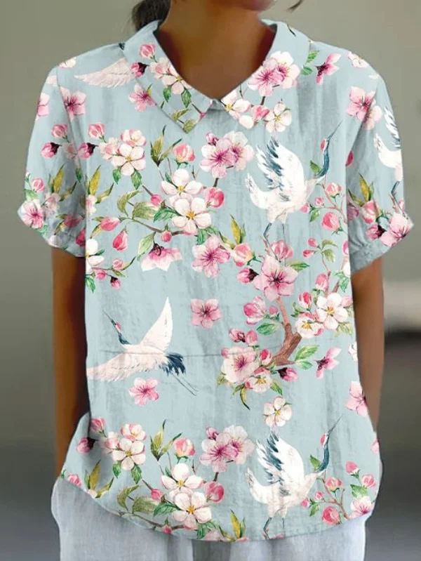 Women's 2024 Vintage Bird and Floral Print Cute Crew Neck Casual T-Shirt Top