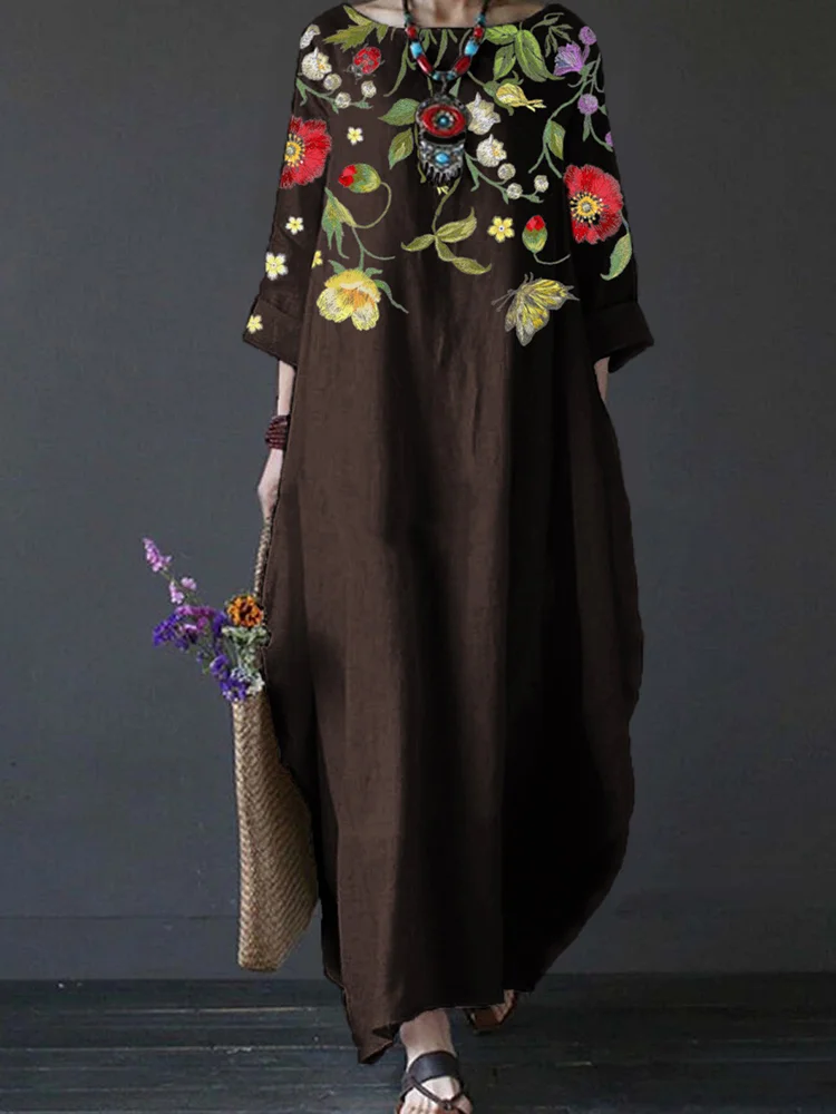 VChics Elegant Retro Flower Art Seventh Sleeve Maxi Dress