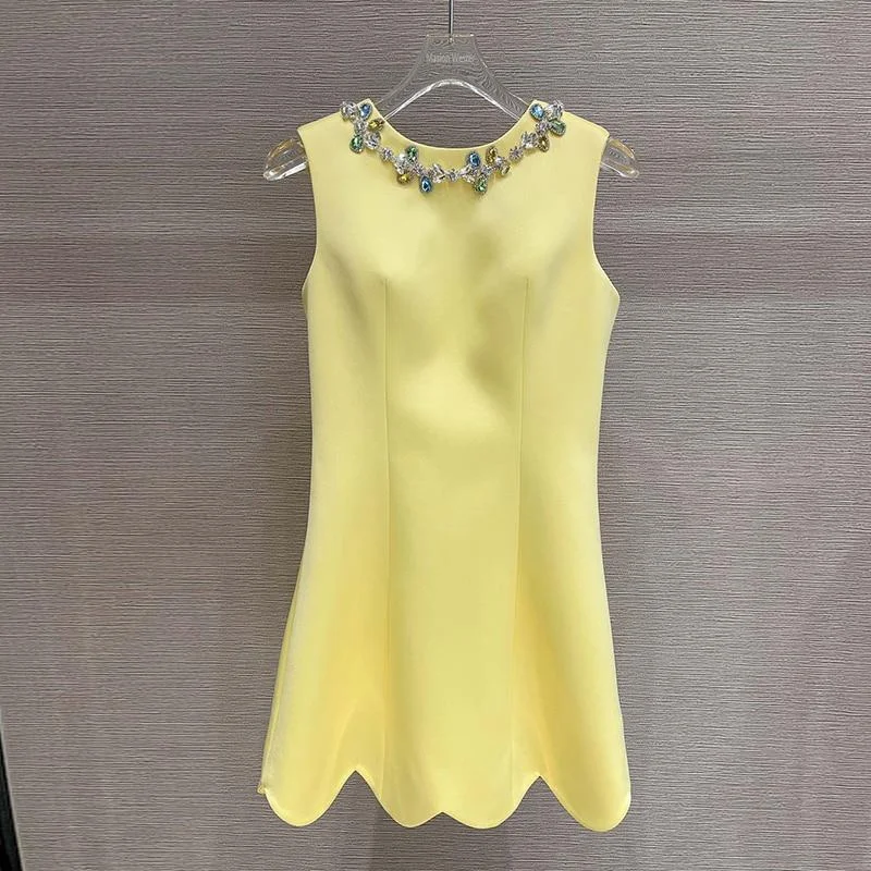 ABEBEY Casual Patchwork Diamonds Bowknot Dress For Women O Neck Sleeveless High Waist Hit Color Mini Dresses Females Style