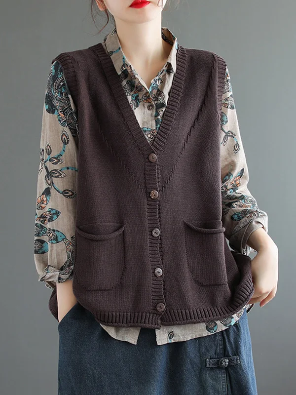 Artistic Retro Solid With Pocket Vest
