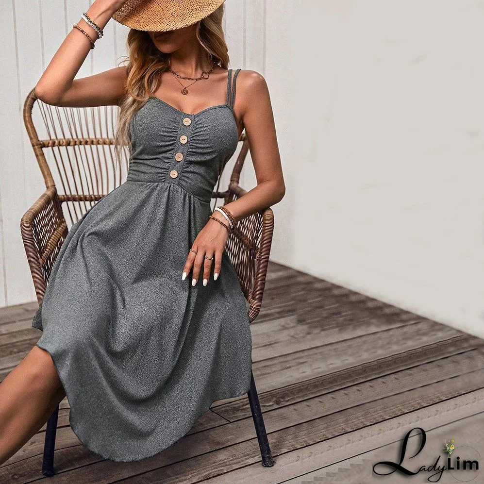 European and American Leisure Irregular Waist Solid Color Sling Beach Dress