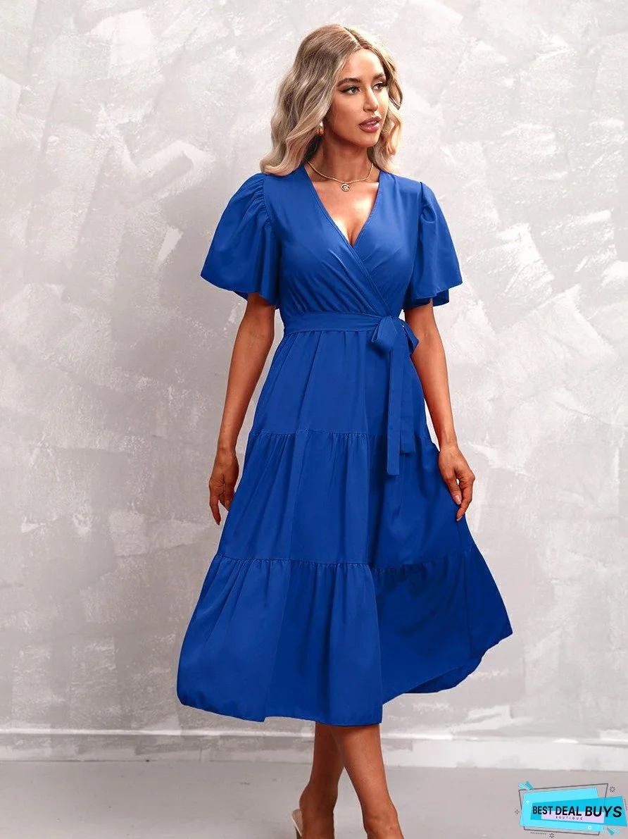 Solid Color Belted Short Sleeves Dress