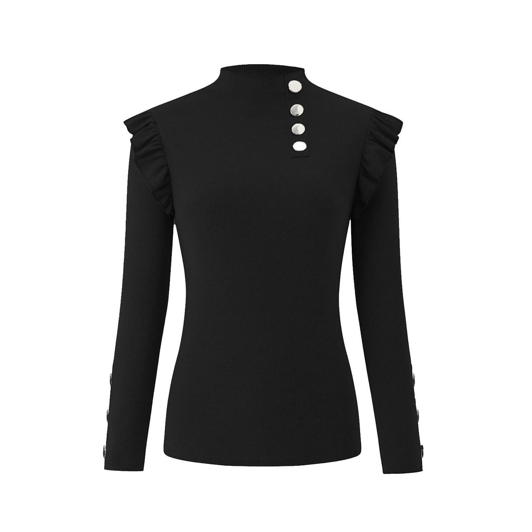Plus Size Autumn Winter Women Blouse Long Sleeve Knitwear Rib Ruffle Buttons Blouse Basic Shirt