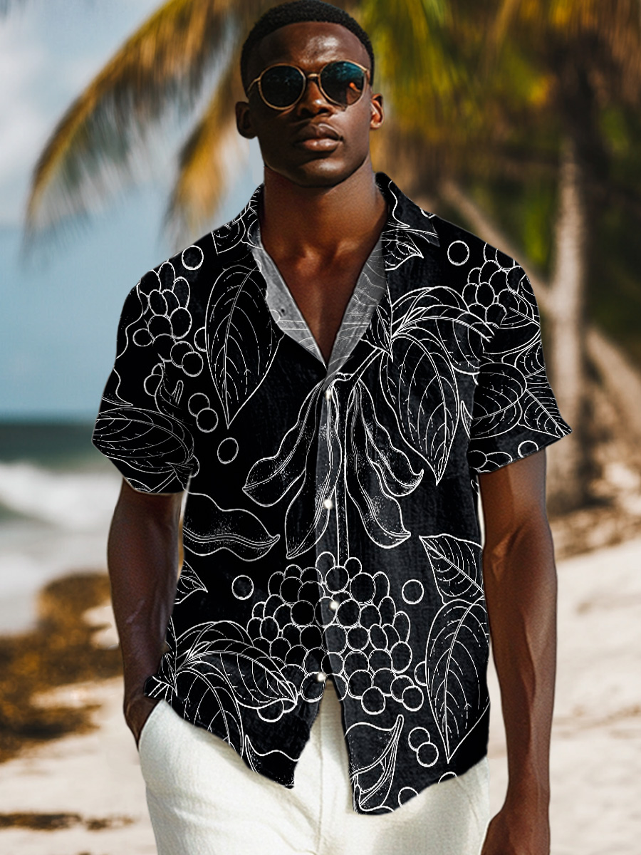 Hand Drawn Linear Leaves Art Print Casual 100% Cotton Shirt
