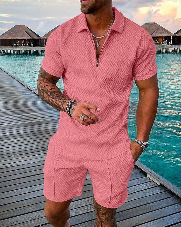 Men's Seaside Leisure Pink Printing Polo Suit