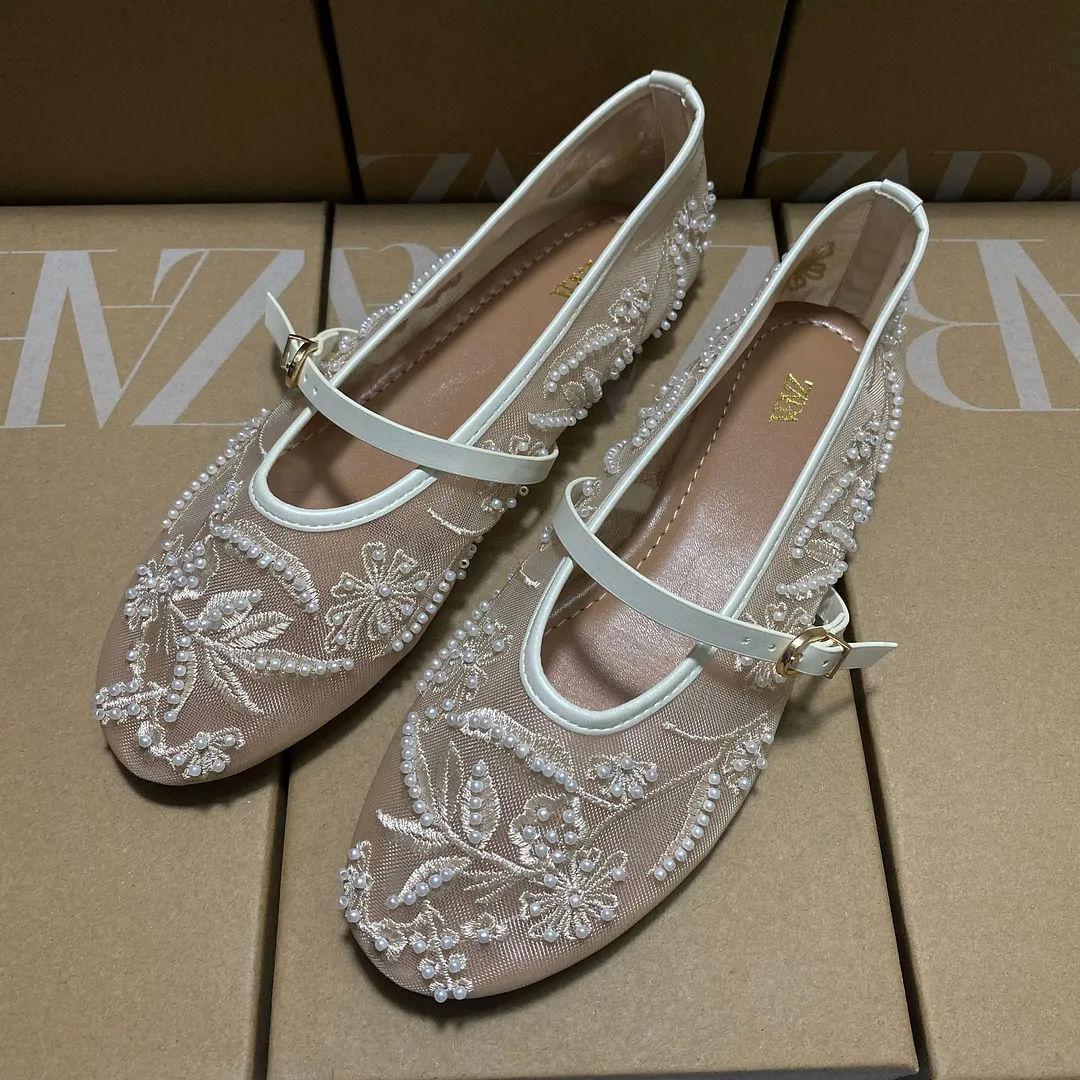 Breakj Breakj Home 2025 New Women's Shoes Spanish Embroidery Fashion Low-Help Embroidery Mesh Single Shoes Women