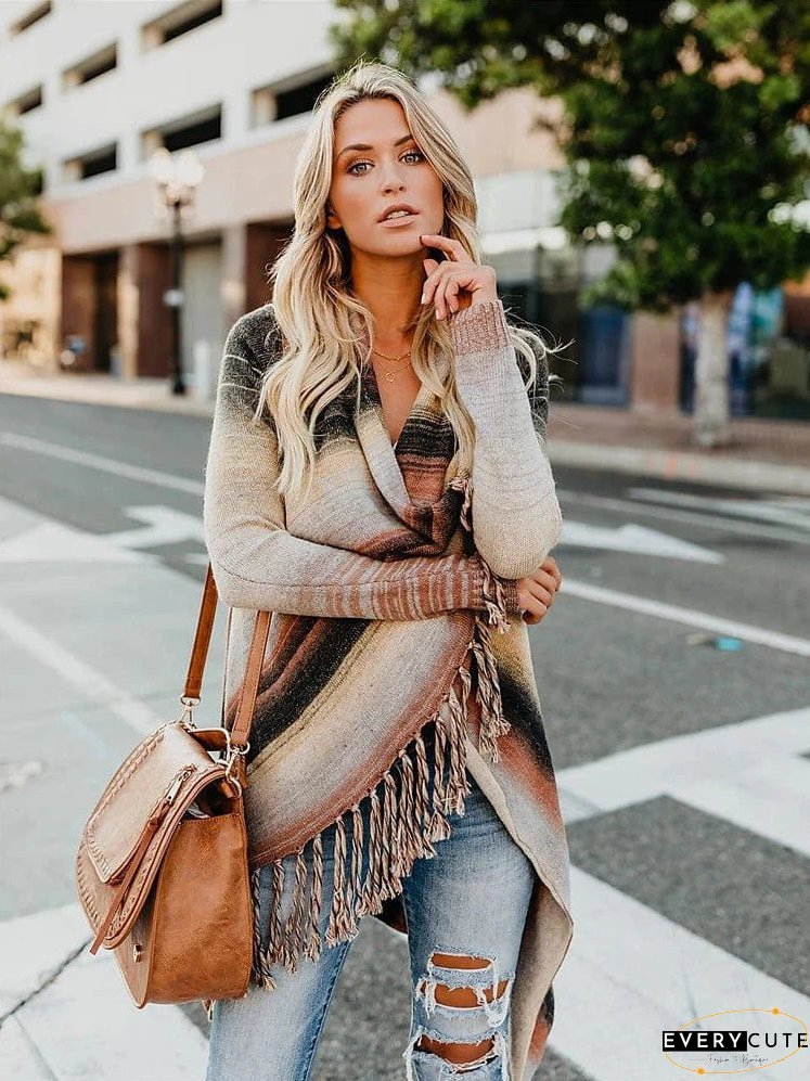 Knitted Turtleneck Cloak Cardigan with Tassel Fringe for Women