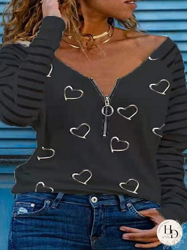 Blouse Pink Khaki Dark Gray Heart Zipper Long Sleeve Daily Going out Casual V Neck Loose Fit S for Women