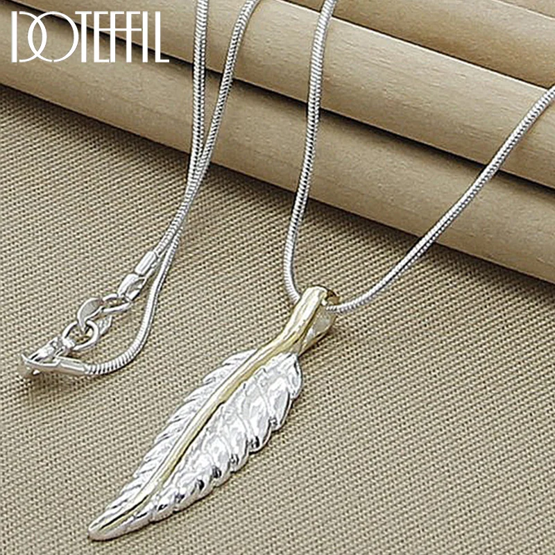 DOTEFFIL 925 Sterling Silver Feather Pendant Necklace 18 Inch Snake Chain For Women Jewelry 