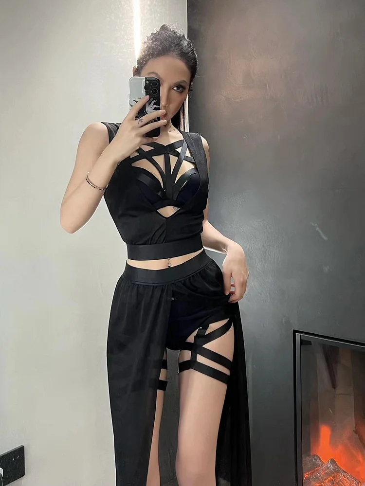 Sexy Girl Bandaged Cutout Solid Color High Split Mesh Sets